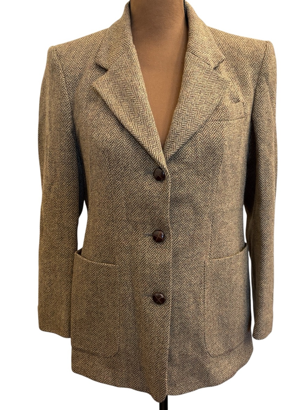 L.L. Bean Vintage Brown Herringbone Tweed Wool Blend Lined Blazer Size 12